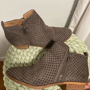 Lucky Brand Taupe Suede Perforated Zip Up Ankle Booties